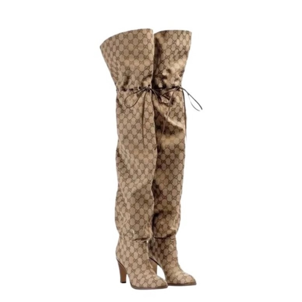 Gucci GG Supreme monogram over the knee canvas, leather heel boots